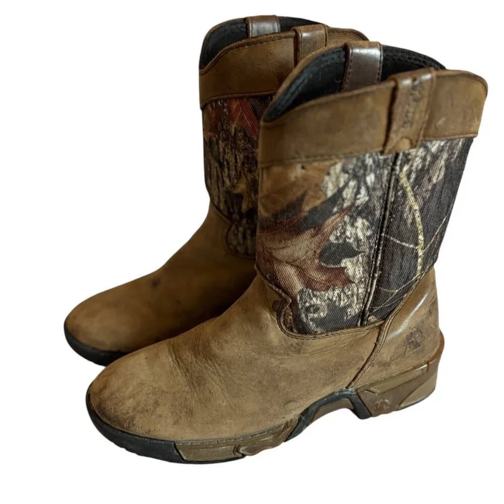 Rocky Kids Leather Western Camouflage 6” Outdoor Brown Slip On Boots Size 4M